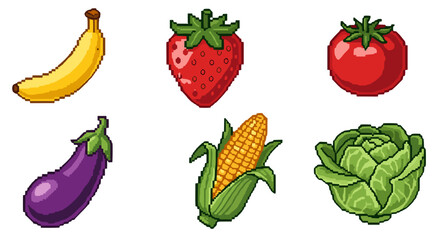 Pixel Art Fresh Fruits and Vegetables Icons for Healthy Eating and Nutrition