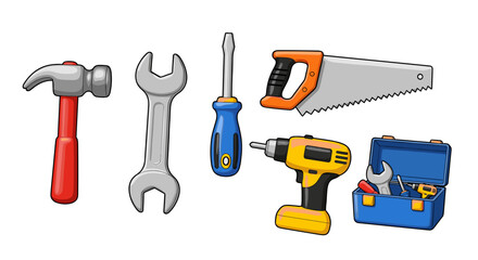 Collection of Hand Tools and Power Drill Isolated on Transparent Background for Repair and DIY Projects