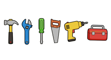 Collection of common tools for home repair and construction projects isolated on black background