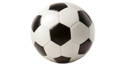 A close up view of a soccer ball with black and white panels on a black background in a studio shot