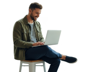 Man working on laptop isolated on transparent background