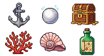Nautical treasure island pixel art icons anchor pearl chest coral seashell message in a bottle