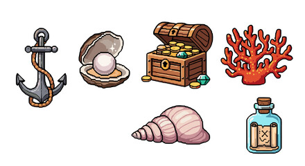 Pixel Art Ocean Treasures Icon Set Featuring Anchor Shell Treasure Chest Coral Seashell and Message in a Bottle Isolated on Black Background