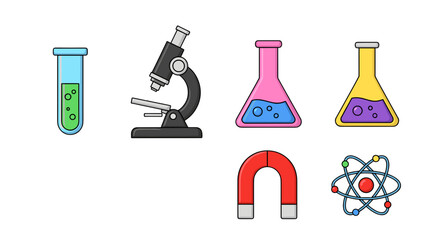 Science Laboratory Equipment Icons Featuring Microscope Flasks Beaker Magnet Atom Isolated on Black Background