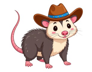 Cartoon opossum in a brown cowboy hat stands on white backdrop, tail curves upward