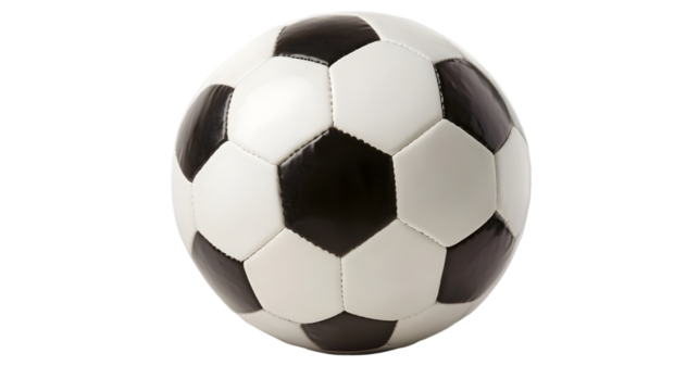 A close up view of a soccer ball with black and white panels on a black background in a studio shot