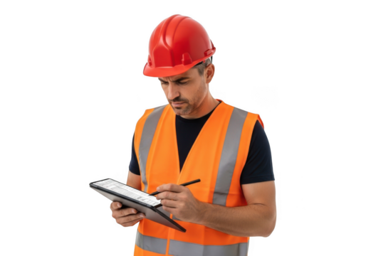 A focused construction worker wearing a red hard hat and high visibility vest diligently reviewing a clipboard and writing with a pen isolated on transparent background - Powered by Adobe