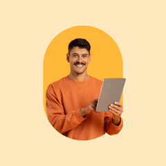A man in an orange sweatshirt smiles while holding a tablet. He appears engaged and cheerful, set against a bright yellow background that adds warmth to the scene.