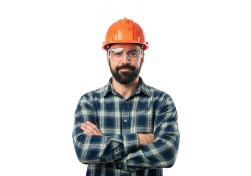 A bearded construction worker wearing an orange hard hat and safety glasses with arms crossed isolated on transparent background
