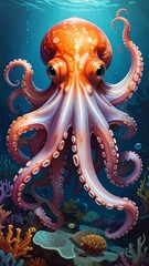 Cartoon orange octopus floating in blue ocean with coral and marine life below