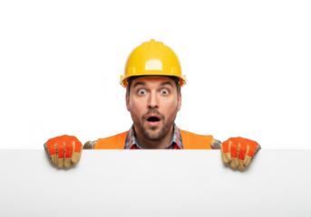 Shocked construction worker wearing yellow hard hat and orange vest peeking over white surface isolated on transparent background