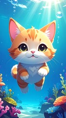 Cartoon orange tabby cat underwater near coral reef, sun rays beaming through water