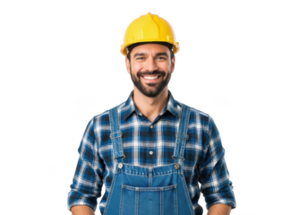 Smiling construction worker wearing yellow hard hat blue plaid shirt and denim overalls isolated on transparent background