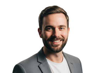 Smiling man in gray blazer isolated on transparent background