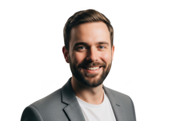 Smiling man in gray blazer isolated on transparent background