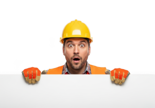 Shocked construction worker wearing yellow hard hat and orange vest peeking over white surface isolated on transparent background - Powered by Adobe
