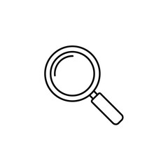 Simple black line art icon of a magnifying glass for search, find, and zoom functions. Minimalist vector illustration isolated on a white background