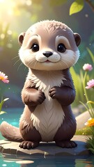 Cartoon otter stands cutely by water, flowers and green foliage create a soft backdrop