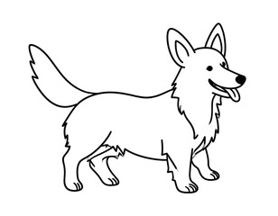 Cartoon outline of a cute corgi standing and panting, rendered in stark black on white