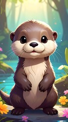 Cartoon otter with big eyes sits near a stream, in a forest setting, bright & whimsical