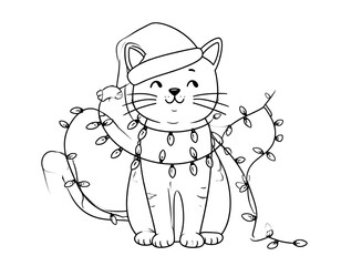 Cartoon outline of a kitten with Christmas lights wearing a Santa hat, outlined