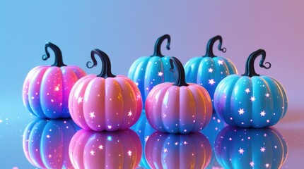 Pastel pumpkins with stars on a reflective surface