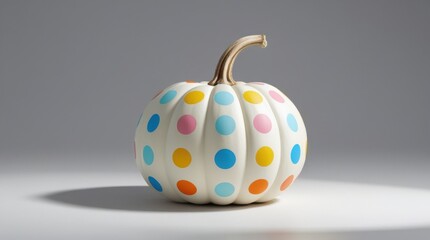 A white pumpkin with colorful polka dots on a surface