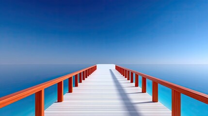 A White Wooden Boardwalk With Orange Railings Extends Towards The Vast Blue Ocean Under A Clear Sky Creating A Sense Of Tranquility And Adventure
