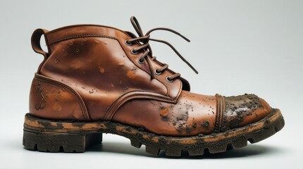 A single muddy brown leather boot on a white surface