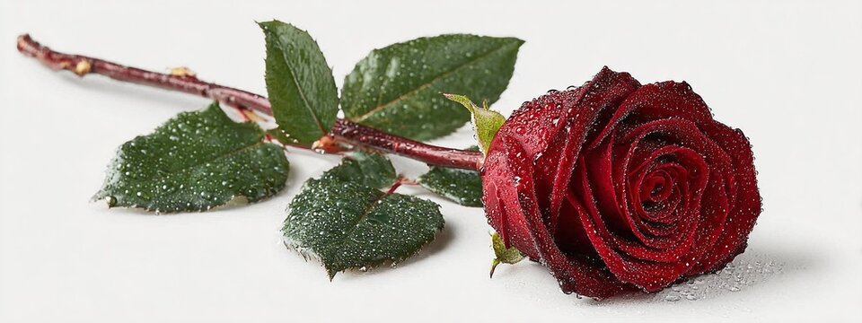 a close-up of a red rose with green leaves sprinkled with water droplets