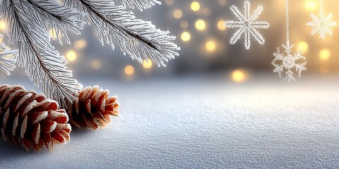 a close-up view of a christmas tree decorated with snowflakes and pine cones