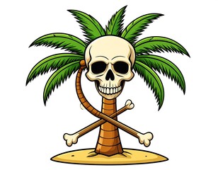 Cartoon palm tree topped with a skull, with crossed bones at the base, on a sandy patch