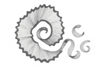 Pencil shaving art concept with spiral wood graphite curls, monochrome drawing illustrating creativity and school supplies