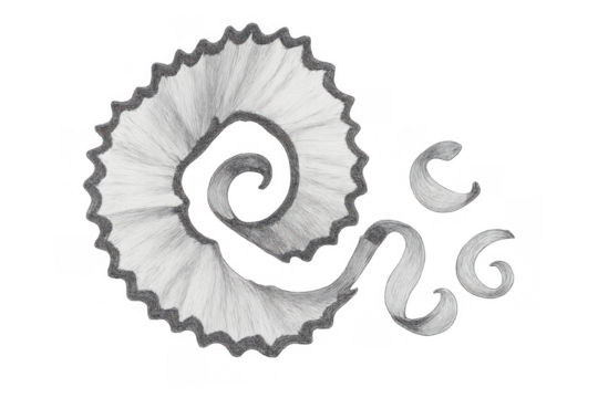 Pencil shaving art concept with spiral wood graphite curls, monochrome drawing illustrating creativity and school supplies