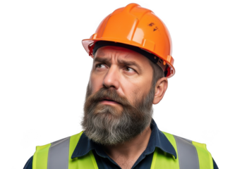 Bearded construction worker wearing orange hard hat and reflective vest looking upwards with a concerned expression isolated on transparent background