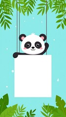 Cartoon panda holding a blank sign suspended in a leafy, light blue environment