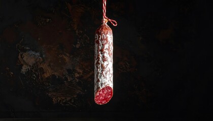 Close-up of a hanging cured sausage with a dark background and red string