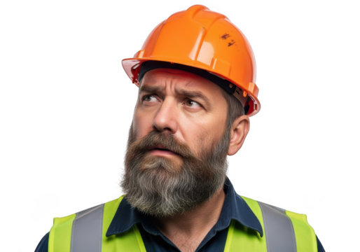 Bearded construction worker wearing orange hard hat and reflective vest looking upwards with a concerned expression isolated on transparent background - Powered by Adobe