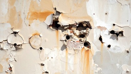 Close-up of a damaged wall with peeling paint and exposed brick details