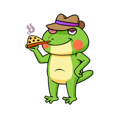 Fototapeta premium Cartoon frog wearing a hat holding a pizza slice and a cigarette cartoon illustration