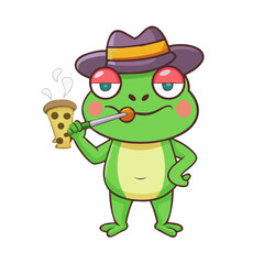 Cartoon frog wearing a hat holding a pizza slice and a cigarette cartoon illustration