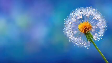 Close Up Macro Shot Of A Dandelion Seed Head With Tiny Water Droplets On Its White Parachutes Against A Blurred Blue Background With Green And Yellow Hues During Morning Light