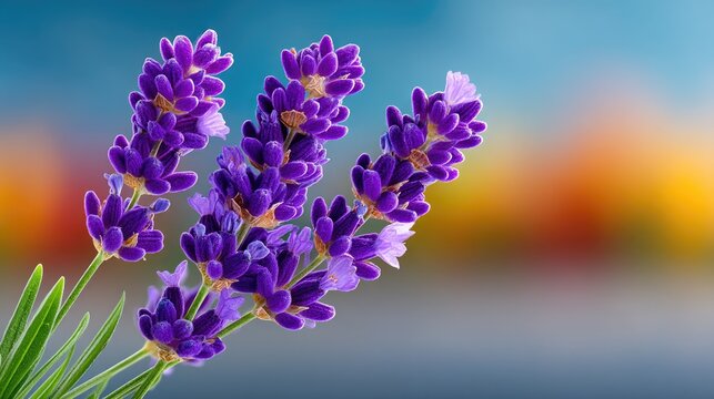 Close Up Macro Photo of Vibrant Purple Lavender Blossoms with Dew Drops in Soft Sunlight Against a Blurry Autumnal Background
