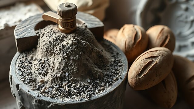 mill. Dark emmer flour on a rustic stone mill with artisan bread loaves in soft window light. menu design, packaging mockups, designed for food delivery and cloud-kitchen brand materials.