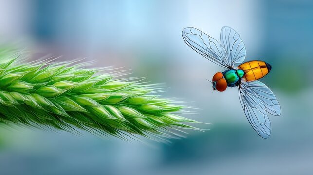 Close up macro photograph of a vibrant fly with iridescent wings and colorful body hovering near a green grass blade with dew drops in soft focus background lighting