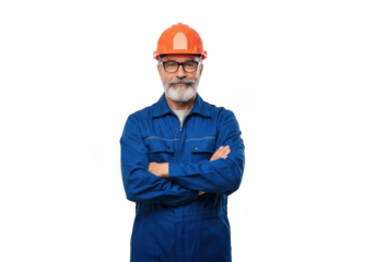 Experienced bearded construction worker wearing blue overalls and orange safety helmet with arms crossed isolated on transparent background