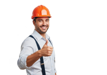 Smiling construction worker wearing an orange hard hat and white shirt with suspenders giving a thumbs up gesture isolated on transparent background