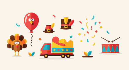 Obraz premium Colorful Flat Thanksgiving Parade Icon Set — Balloons, Band, and Celebration Symbols