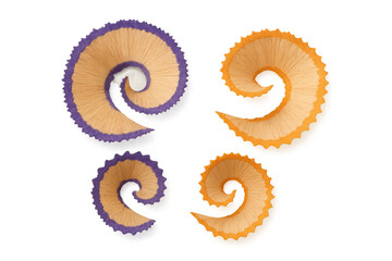 Colorful pencil shavings creating spiral shapes with purple and orange edges, showing creativity and art supplies on transparent background