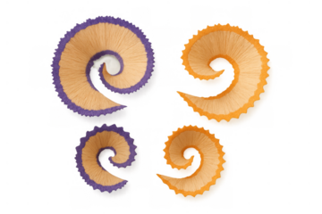 Colorful pencil shavings creating spiral shapes with purple and orange edges, showing creativity and art supplies on transparent background